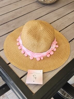 Kids Straw Sun Hat with Pink Pom Trim